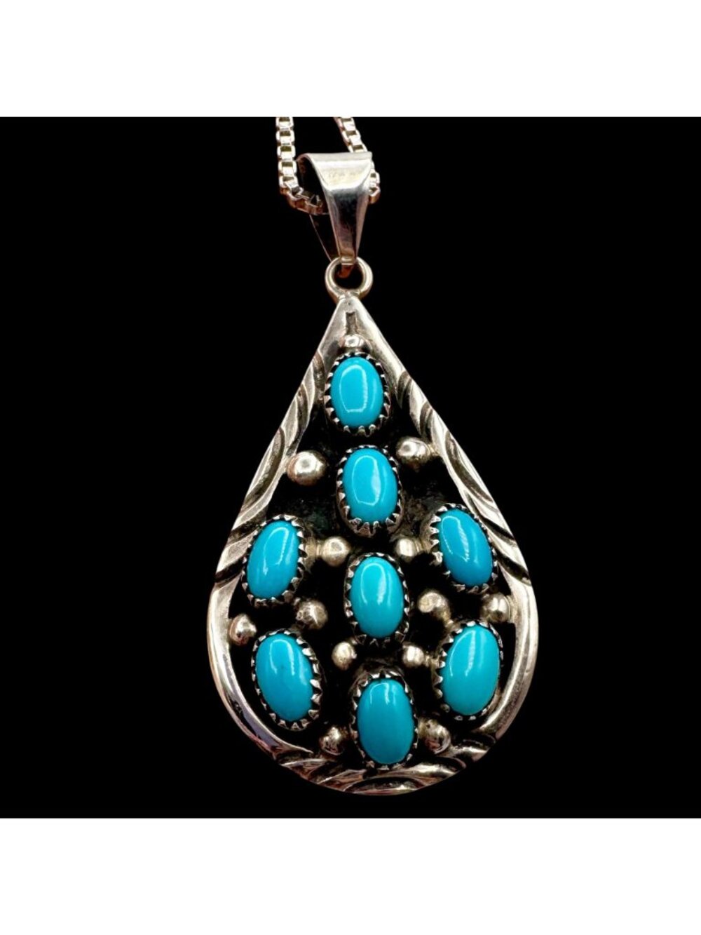 Vintage Sterling Silver Turquoise Teardrop Pendant Sawtooth Bezel Signed NG - Picture 14 of 15